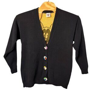 VTG Mickey & Co Black Knit Cardigan Mickey Mouse Buttons Back Graphic SZ L RARE!
